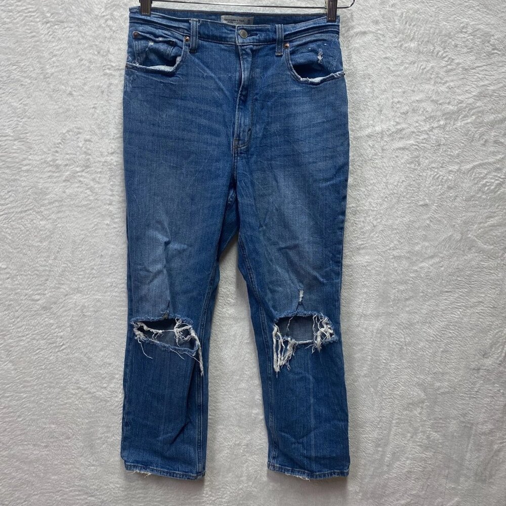 Abercrombie Fitch Ankle Straight Jeans Ultra High Rise Women 10/30 Blue Distress